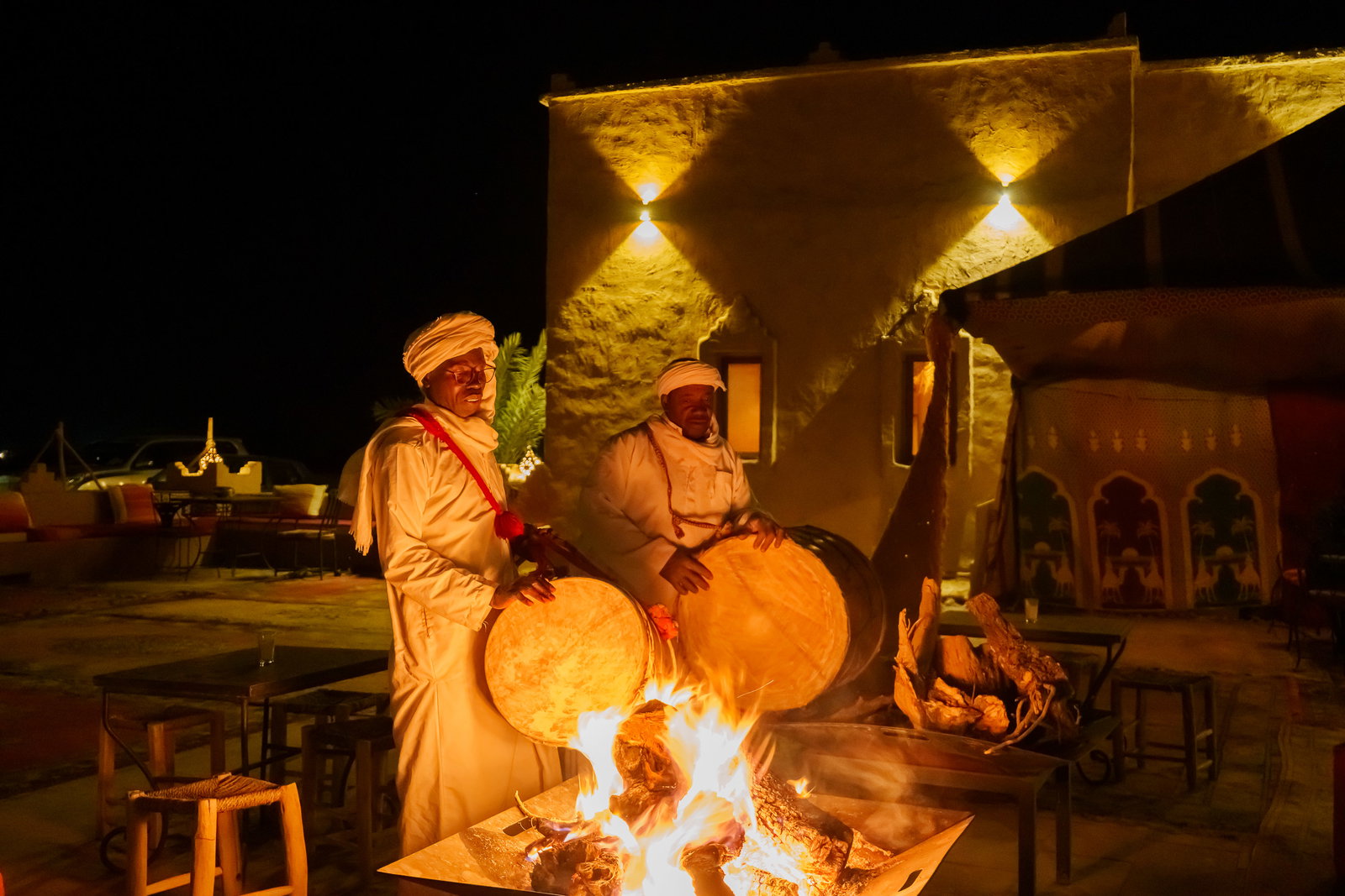 Bivouac lanterns at dusk in Erg Chebbi